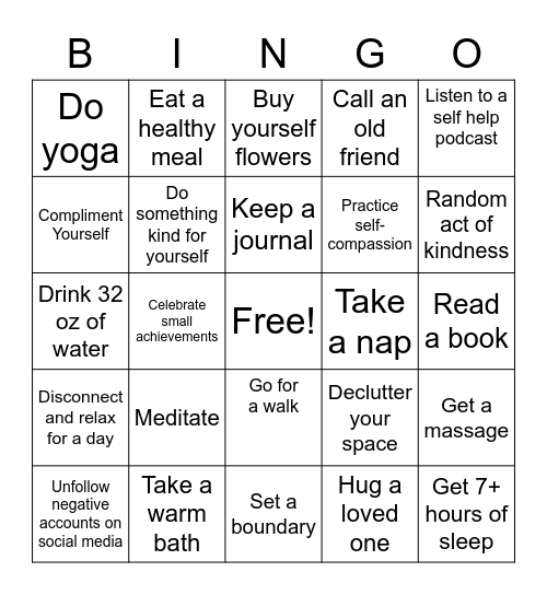Self Care Bingo Card