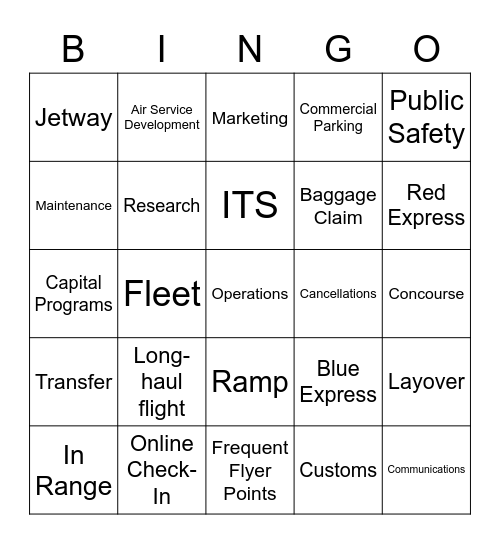 TPA Departments and Airport Terminology Bingo Card