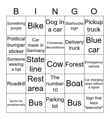 Road trip back from PA Bingo Card