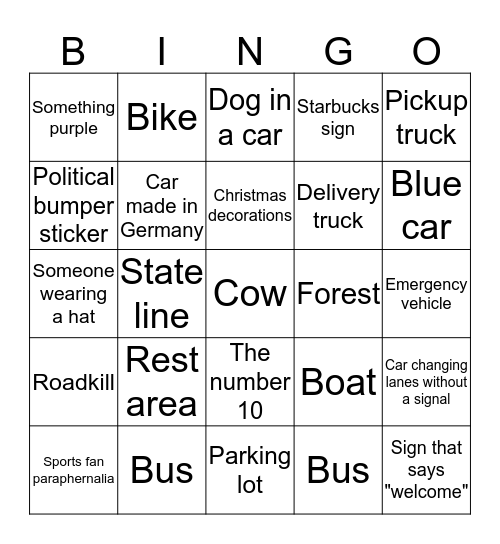 Road trip back from PA Bingo Card