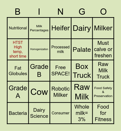Dairy Science Bingo Card