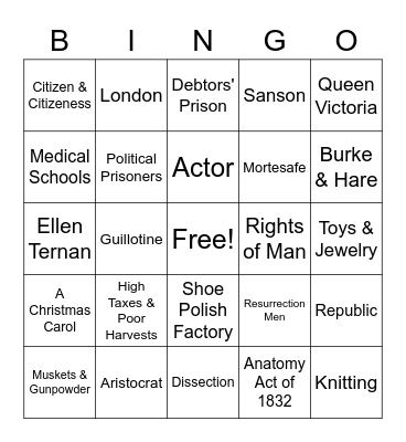 A Tale of Two Cities Bingo Card