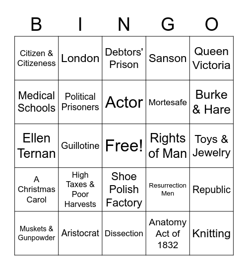 A Tale of Two Cities Bingo Card