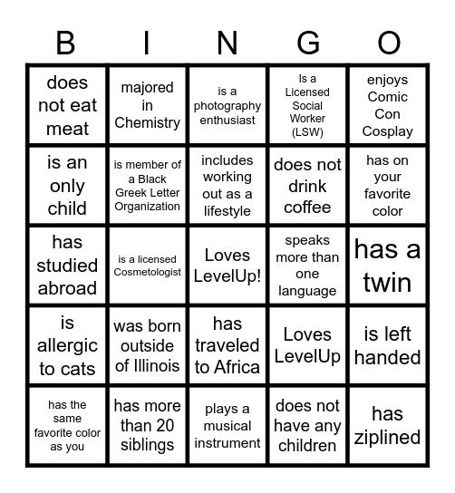 Find a LevelUp Team Member Who Bingo Card