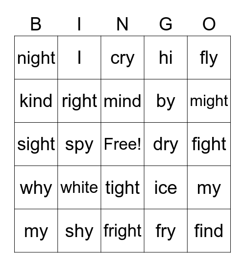 Long I words Bingo Card