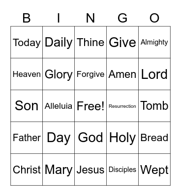 Easter Sunday Worship Bingo (Listen for words during worship and mark them) No prizes - just for fun Bingo Card