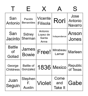 Texas Revolution Bingo Card