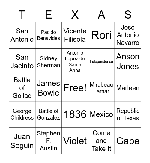 Texas Revolution Bingo Card