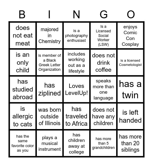 Find a LevelUp Team Member Who Bingo Card