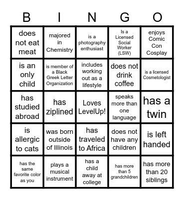 Find a LevelUp Team Member Who Bingo Card