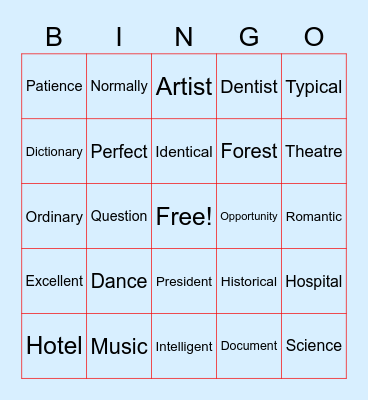 French Cognates Bingo Card