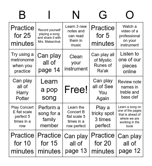Music Practice Bingo Card