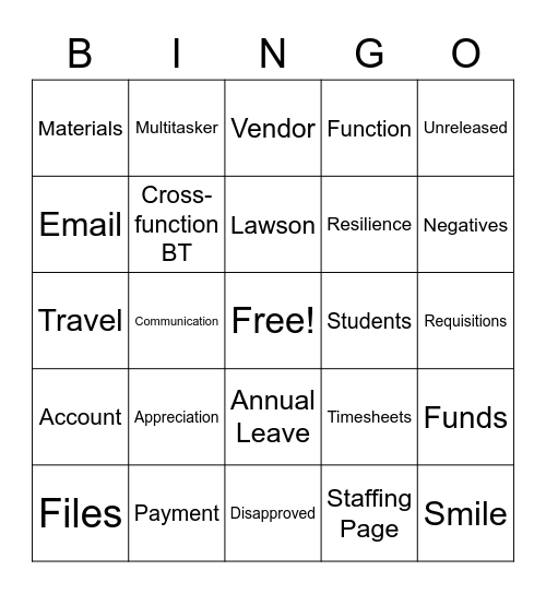 Administrative Assistants/Budget Tech Bingo Card