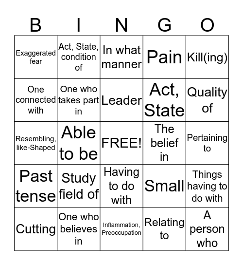Suffixes  Bingo Card