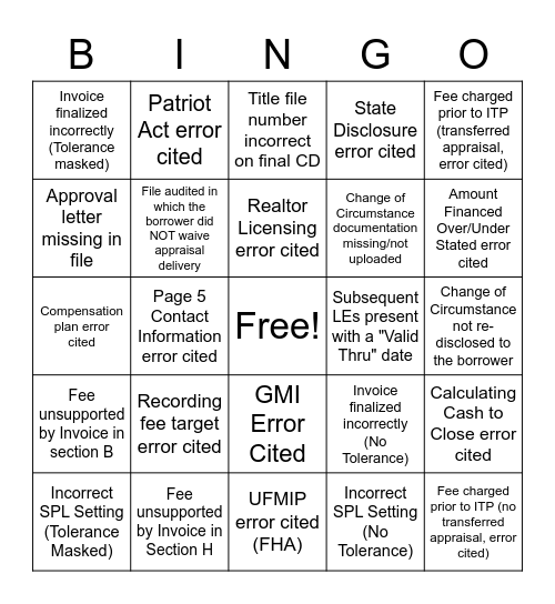 Compliance QC Bingo Card