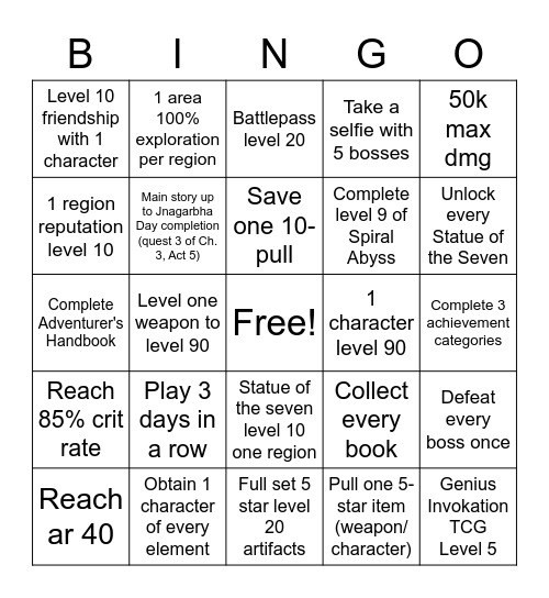 Genshin new account bingo Card