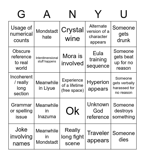 Evil Ganyu Bingo 2.0 Bingo Card