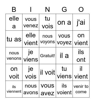 Unité 5 irregular verbs Bingo Card