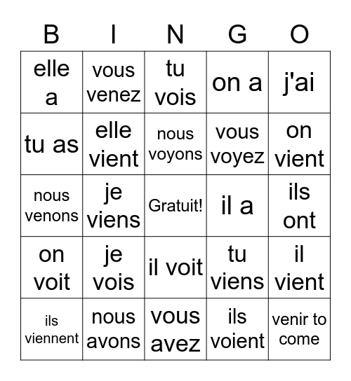 Unité 5 irregular verbs Bingo Card