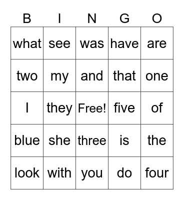 Sight Words Bingo Card