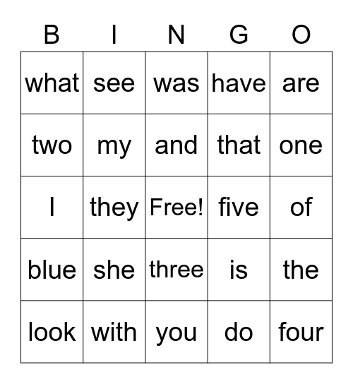 Sight Words Bingo Card