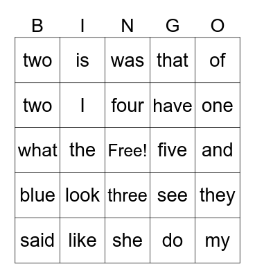 Sight Words Bingo Card