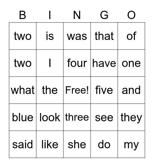 Sight Words Bingo Card