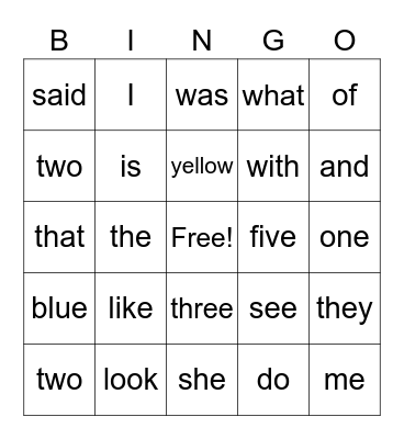 Sight Words Bingo Card