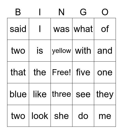 Sight Words Bingo Card