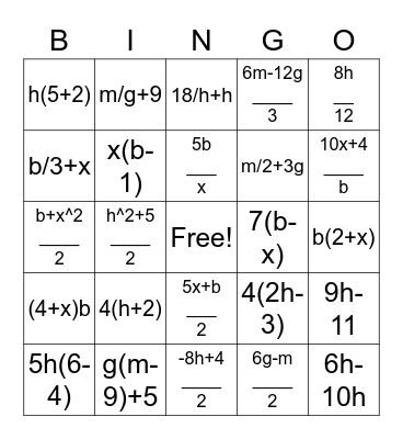 Algebra Bingo Card