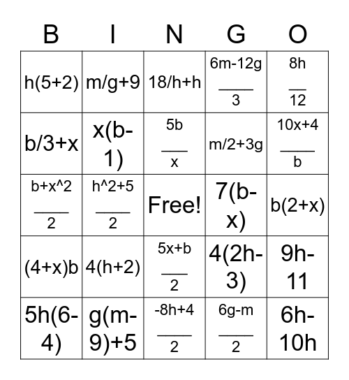 Algebra Bingo Card