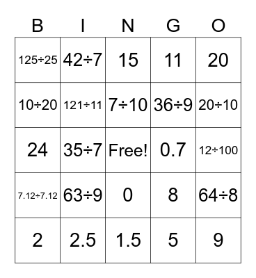 Division Bingo Card