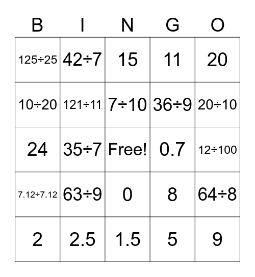Division Bingo Card