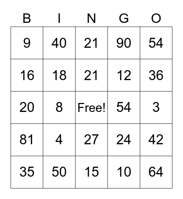 Multiplication Bingo Card