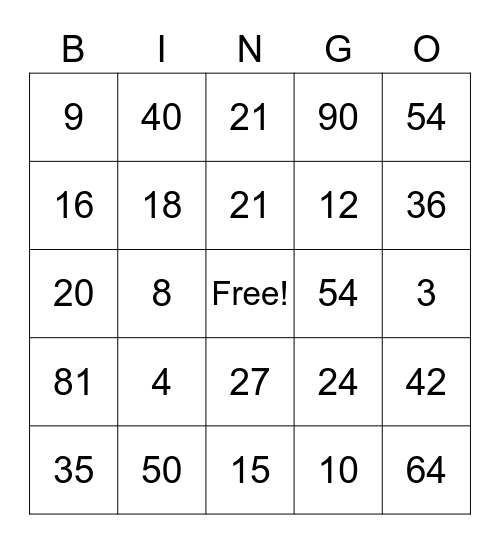 Multiplication Bingo Card