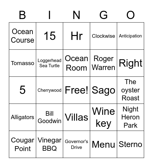 Villa Banquet Bingo Card