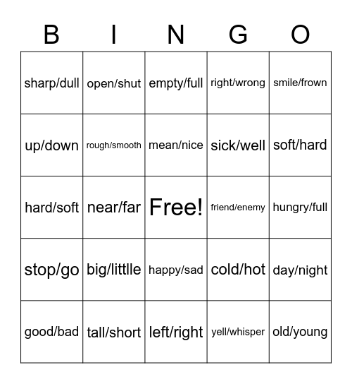 opposites Bingo Card