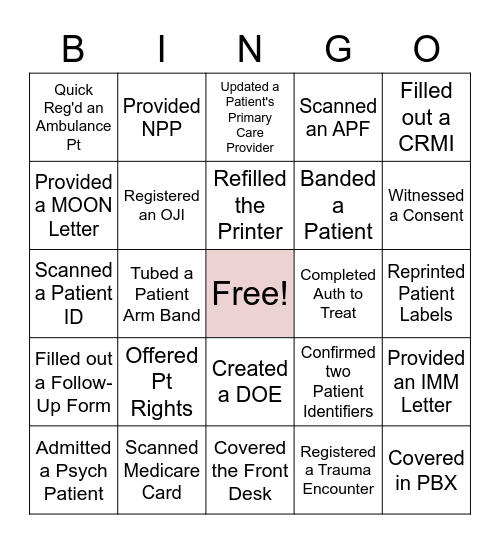 Patient Access Week Bingo Card