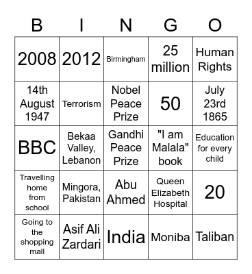 Malala Yousafzai Bingo Card