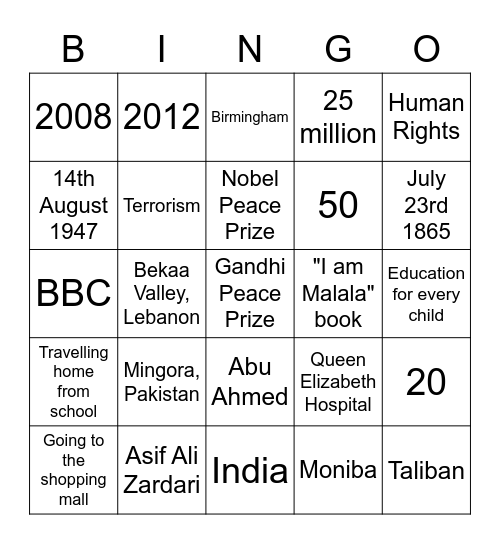 Malala Yousafzai Bingo Card