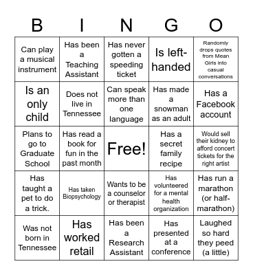 Find Someone Who Bingo Card