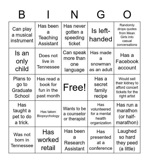 Find Someone Who Bingo Card