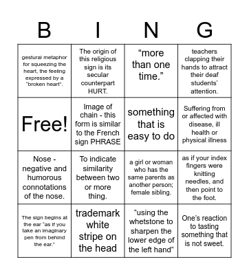 A Historical and Etymological Dictionary of ASL (S) Bingo Card