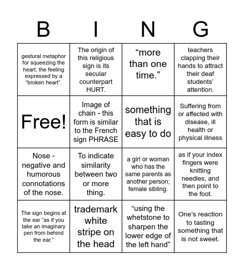 A Historical and Etymological Dictionary of ASL (S) Bingo Card