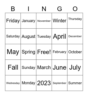 Calendar - Level 3 Bingo Card