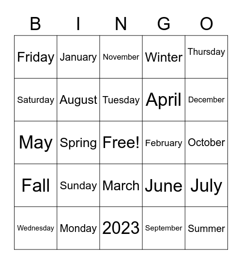 Calendar - Level 3 Bingo Card