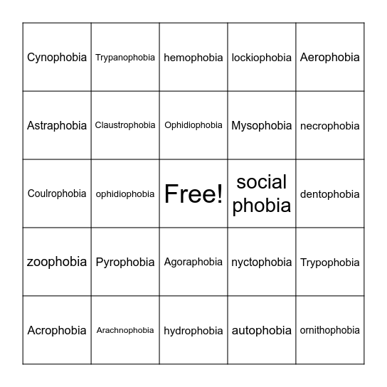 Fears & Phobias Bingo Card