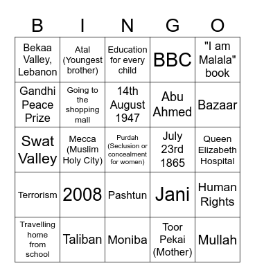 Malala Yousafzai Bingo Card