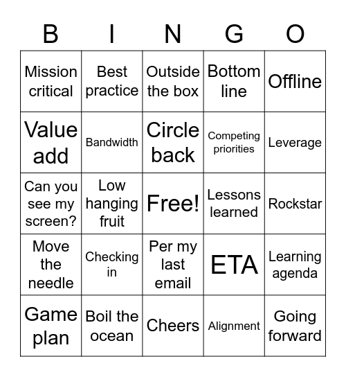 Corporate Bingo Card