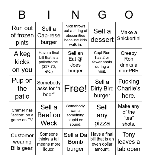 R Bar Bartender Bingo Card